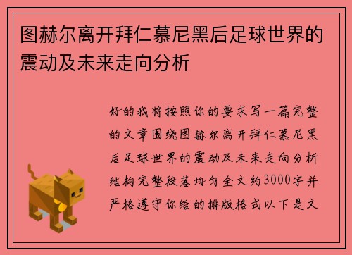 图赫尔离开拜仁慕尼黑后足球世界的震动及未来走向分析