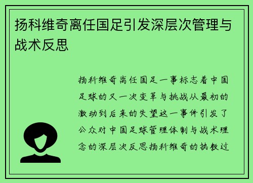 扬科维奇离任国足引发深层次管理与战术反思 扬科维奇离任国足引发深层次管理与战术反思
